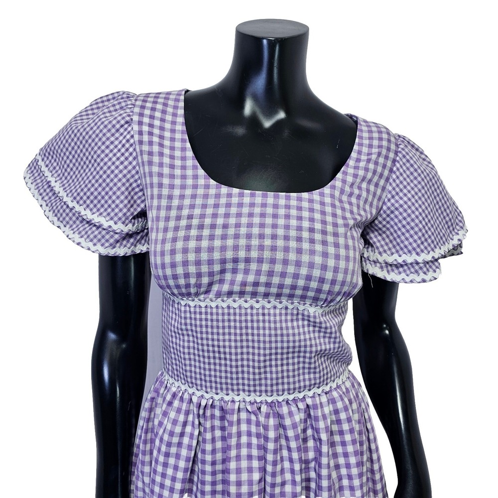 VTG 70s Purple Gingham Maxi‎ Dress Prairie Cottagecore Lace Trim Flutter Sleeve - Picture 4 of 16
